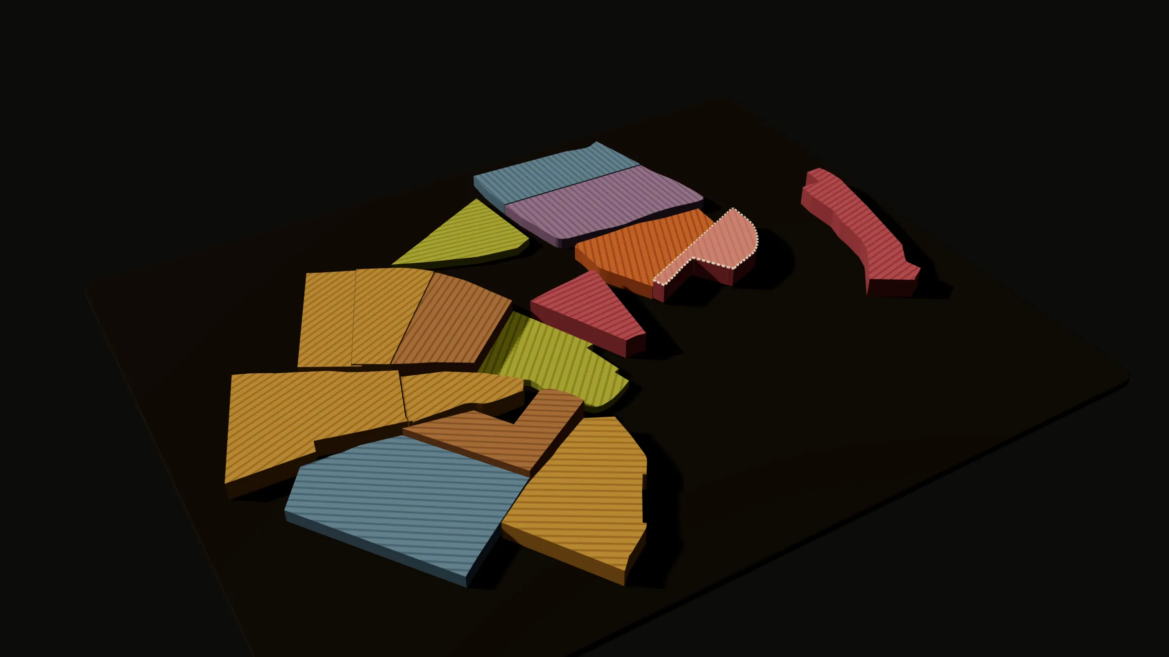 Maquette 3D d’une ferme de démonstration dans Agriia&nbsp;: seize parcelles en volume, éclairées par le soleil de l’après-midi, la parcelle Les Larris sélectionnée